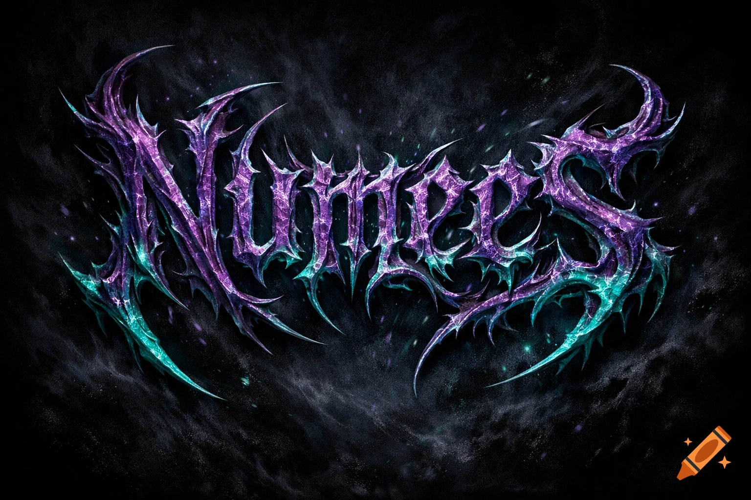 The word 'Numees' rendered in a thorny, distorted purple and teal metallic style against a dark, smoky background.