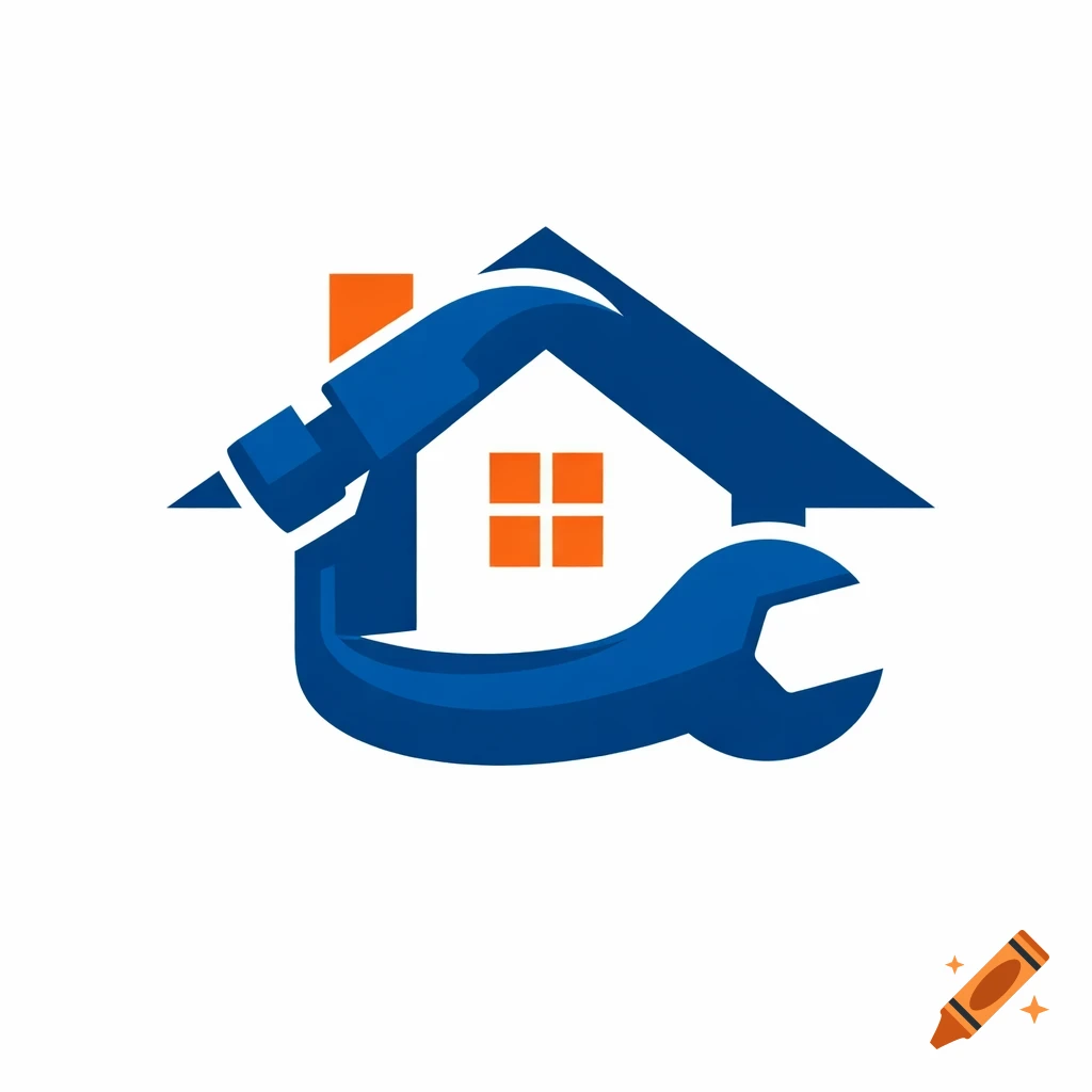 A blue and orange logo features a house silhouette with a hammer and wrench integrated around it, representing home repair or handyman services.