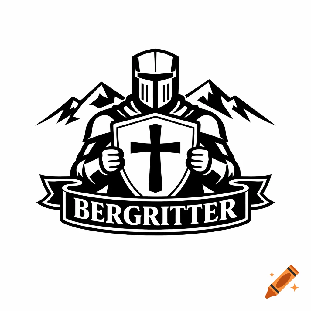 Black and white vector logo of a knight holding a shield with a cross, mountains, and 'BERGRITTER' on a banner.
