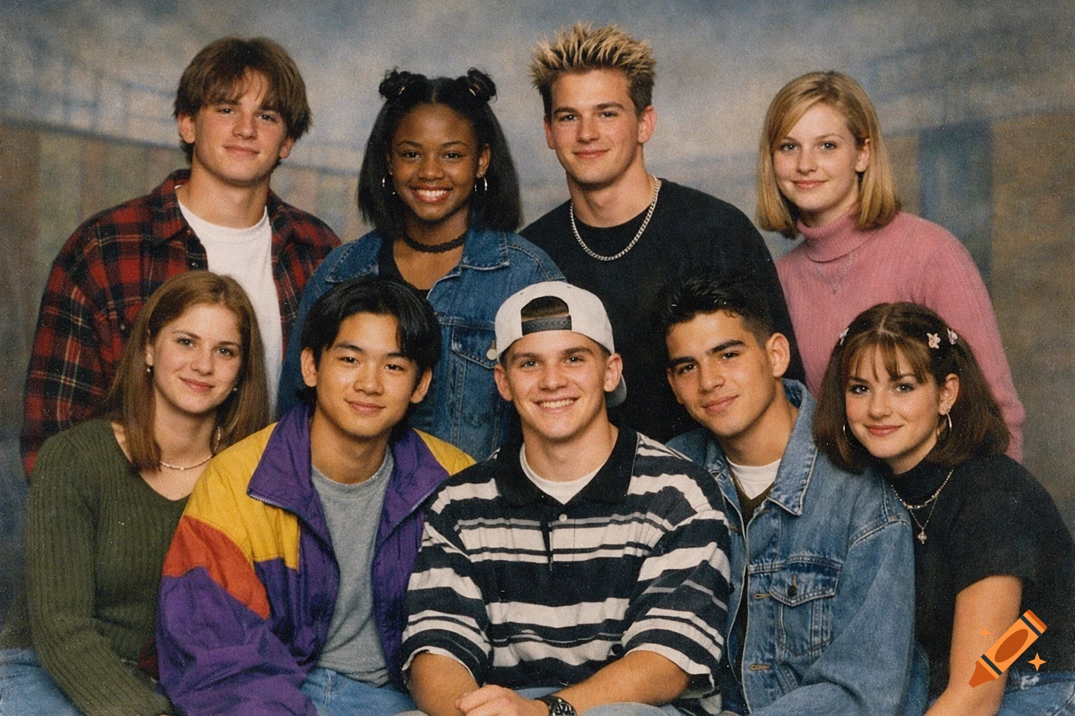 A group portrait of diverse high school students, posed like a 90s yearbook photo, against a muted background.