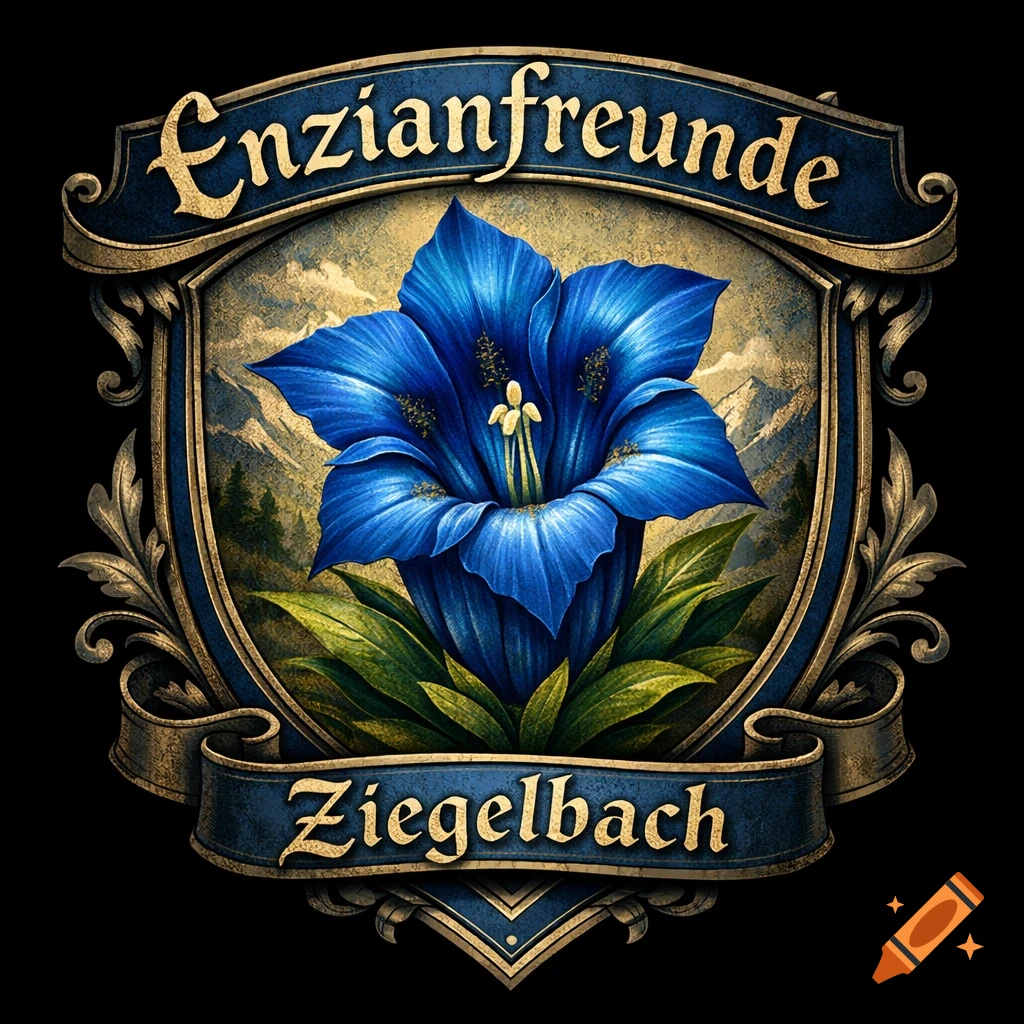 Ornate blue and gold crest featuring a large blue gentian flower, mountains, and the text 'Enzianfreunde Ziegelbach' on banners.