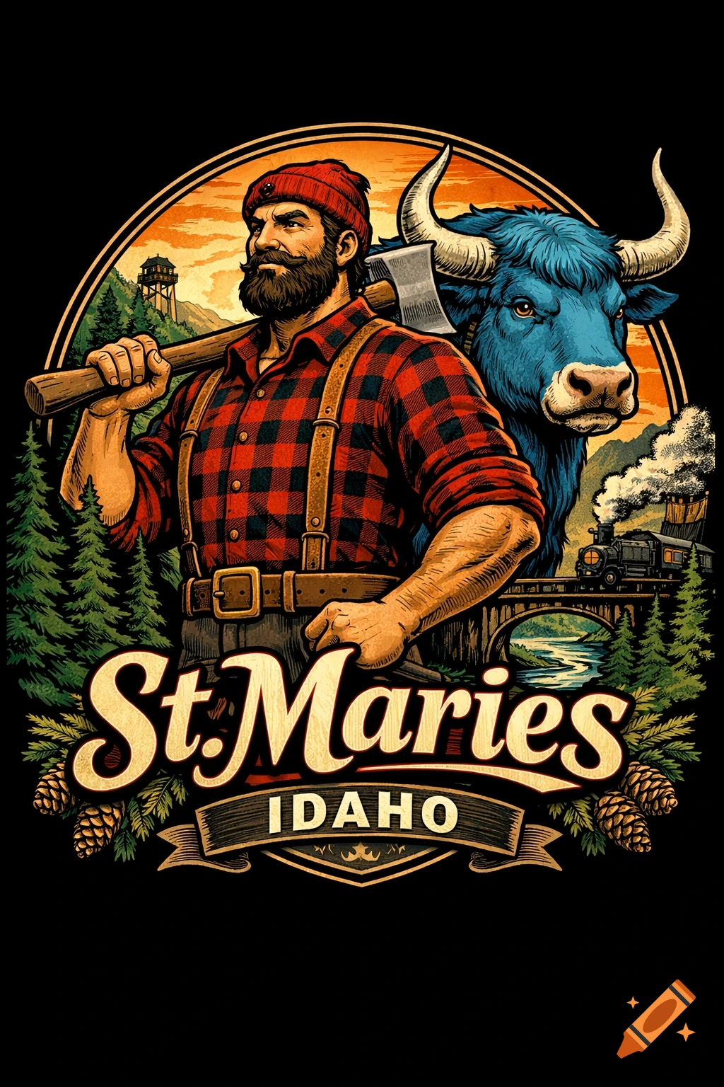 A colorful illustration in a vintage travel poster style, featuring a bearded lumberjack holding an axe and a blue ox. The background shows a forest, a train, and a river. Text reads "St. Maries IDAHO".