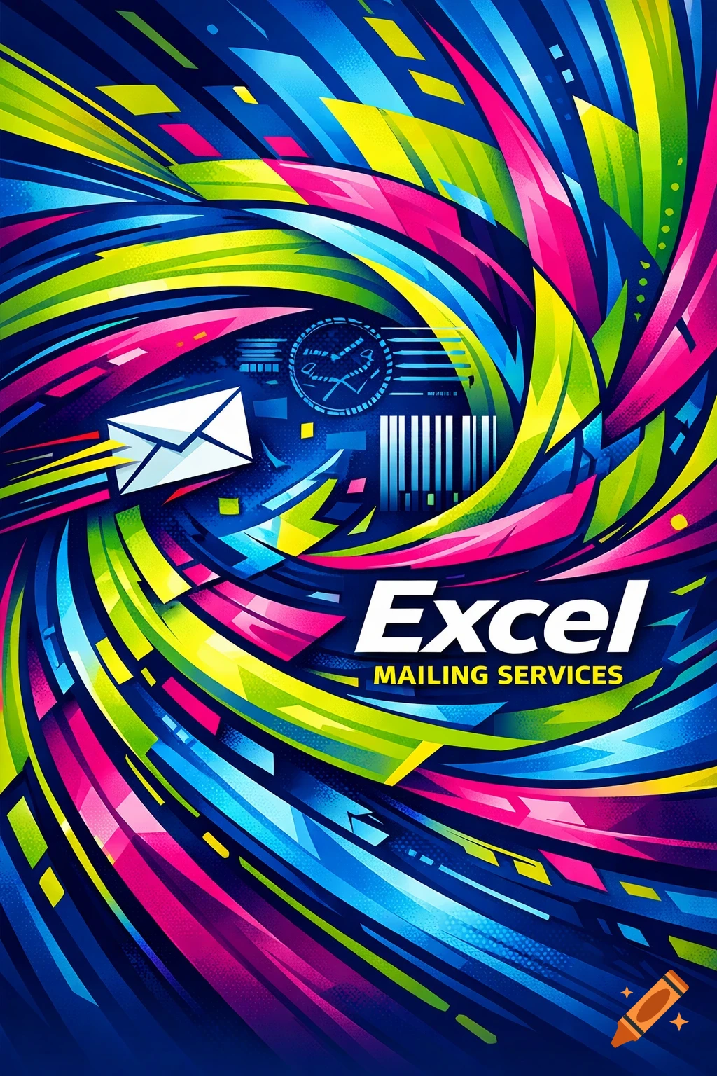 Vibrant abstract digital art design for Excel Mailing Services, featuring an envelope, barcode, and colorful swirling lines.