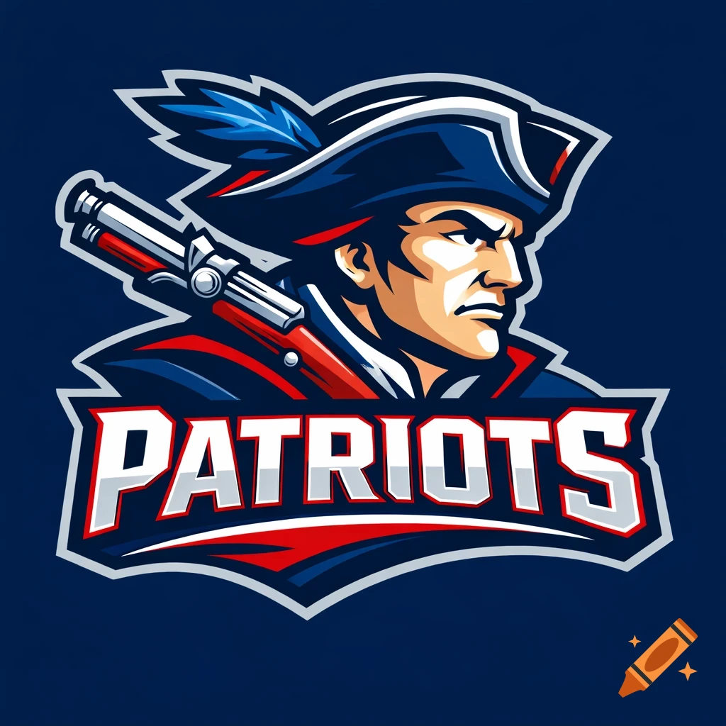 Stylized mascot logo of a patriot in a tricorn hat with a musket, above the word PATRIOTS, on a dark blue background.
