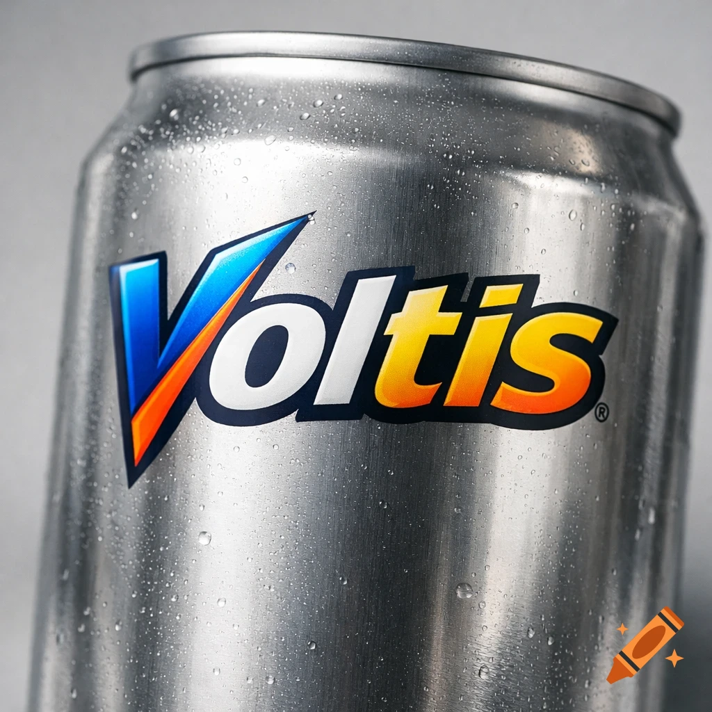 Close-up, photorealistic shot of a sweating silver soda can with a blue and orange 'Voltis' logo