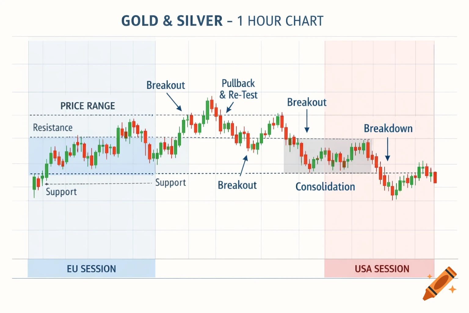 A Gold and Silver 1-hour candlestick chart showing price ranges, support, resistance, breakouts, pullbacks, consolidation, and breakdowns during EU and USA trading sessions.