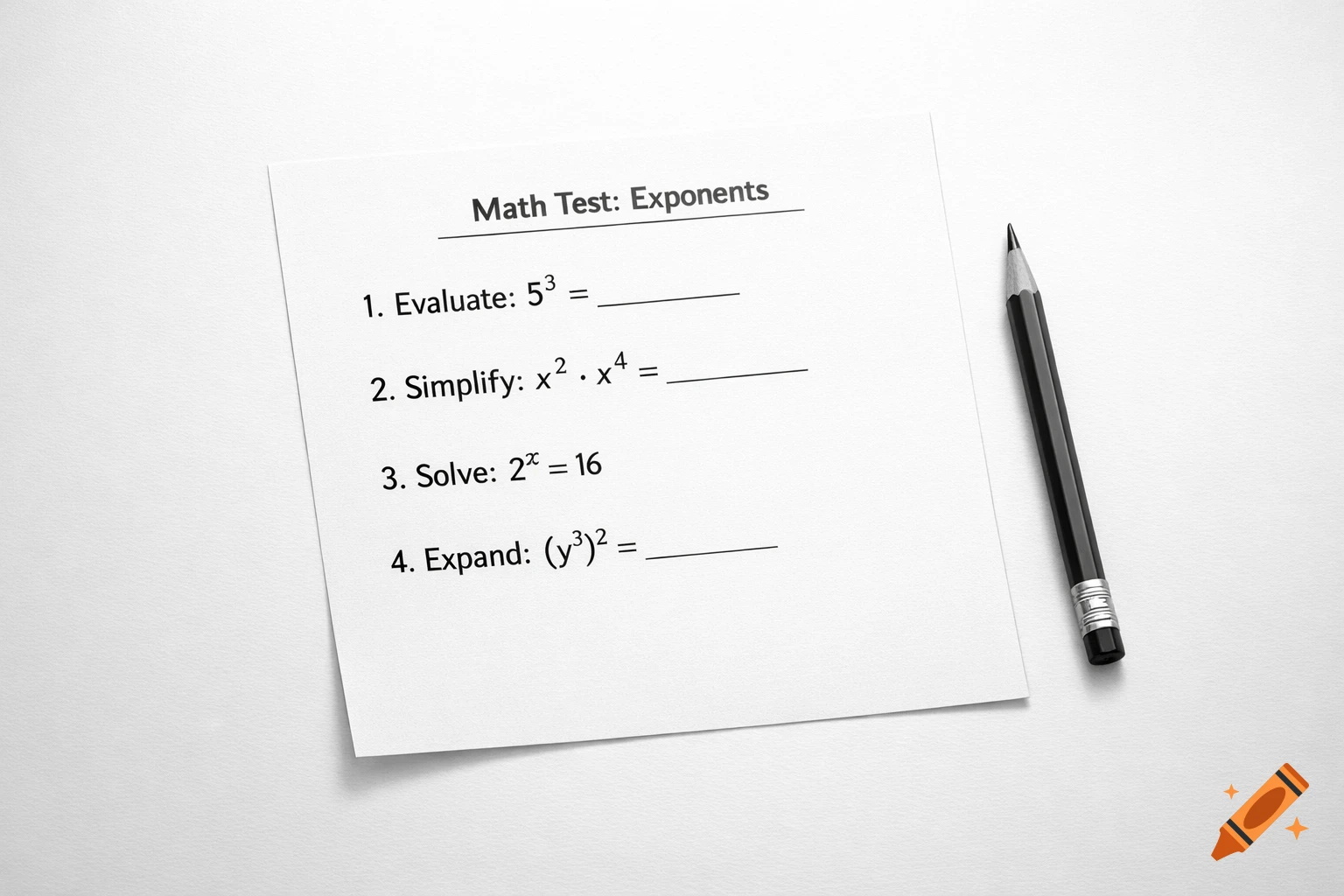 A close-up, top-down view of a white paper with a math test on exponents and a black pencil on a light surface.