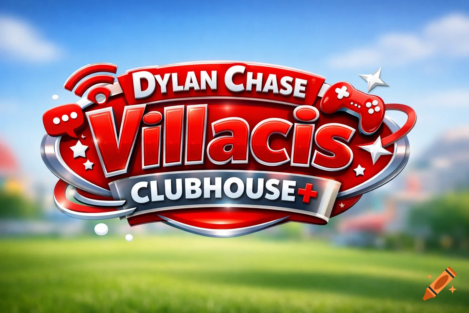 A vibrant red and silver 3D logo for 'DYLAN CHASE Villacis CLUBHOUSE+' with a game controller and chat bubble icon on a green field background.