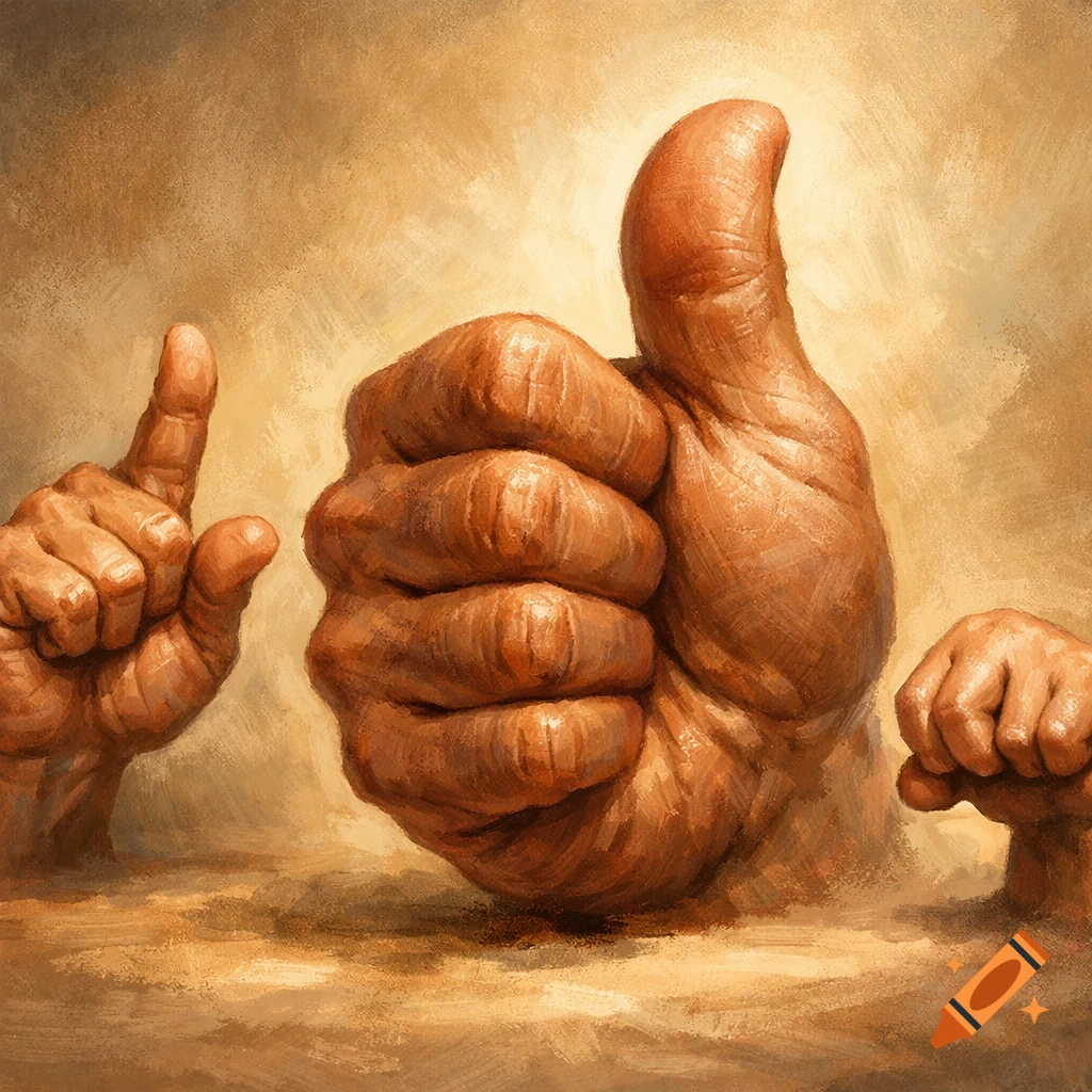 Three textured hands in a painterly style emerge from a sandy background, one pointing up, one giving a thumbs-up, and a smaller fist.