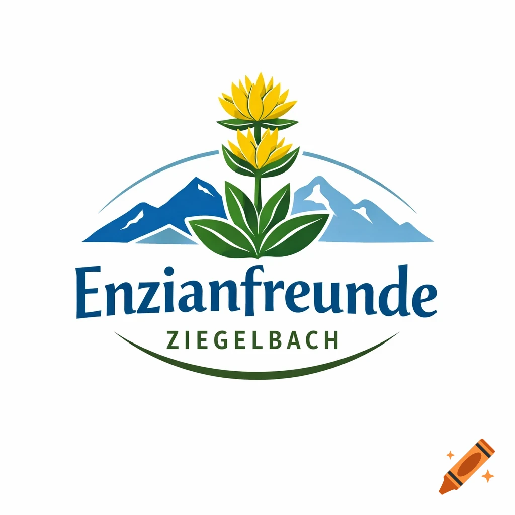 Minimalist alpine logo with yellow gentian flowers, blue mountains, and the text 'Enzianfreunde ZIEGELBACH'.