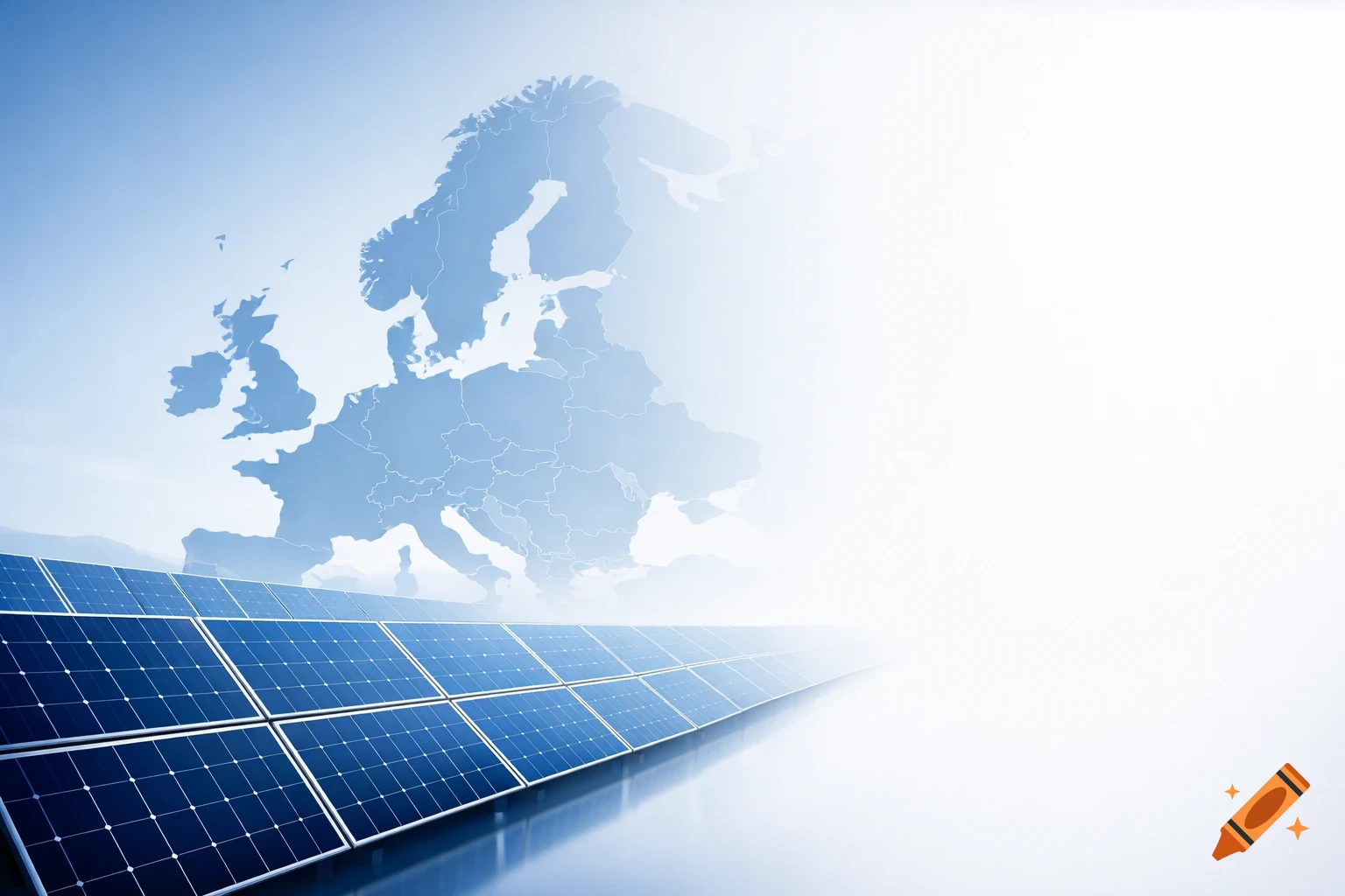 Modern blue map of Europe over photovoltaic solar panels, fading to white on the right, in a semi-realistic style.