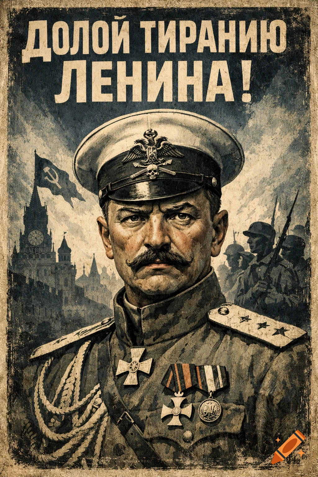 An aged, distressed poster depicts a stern-faced Russian general with a mustache in uniform, against a background of city buildings, a hammer and sickle flag, and soldiers. The Cyrillic text at the top reads: "Down with the tyranny of Lenin!"