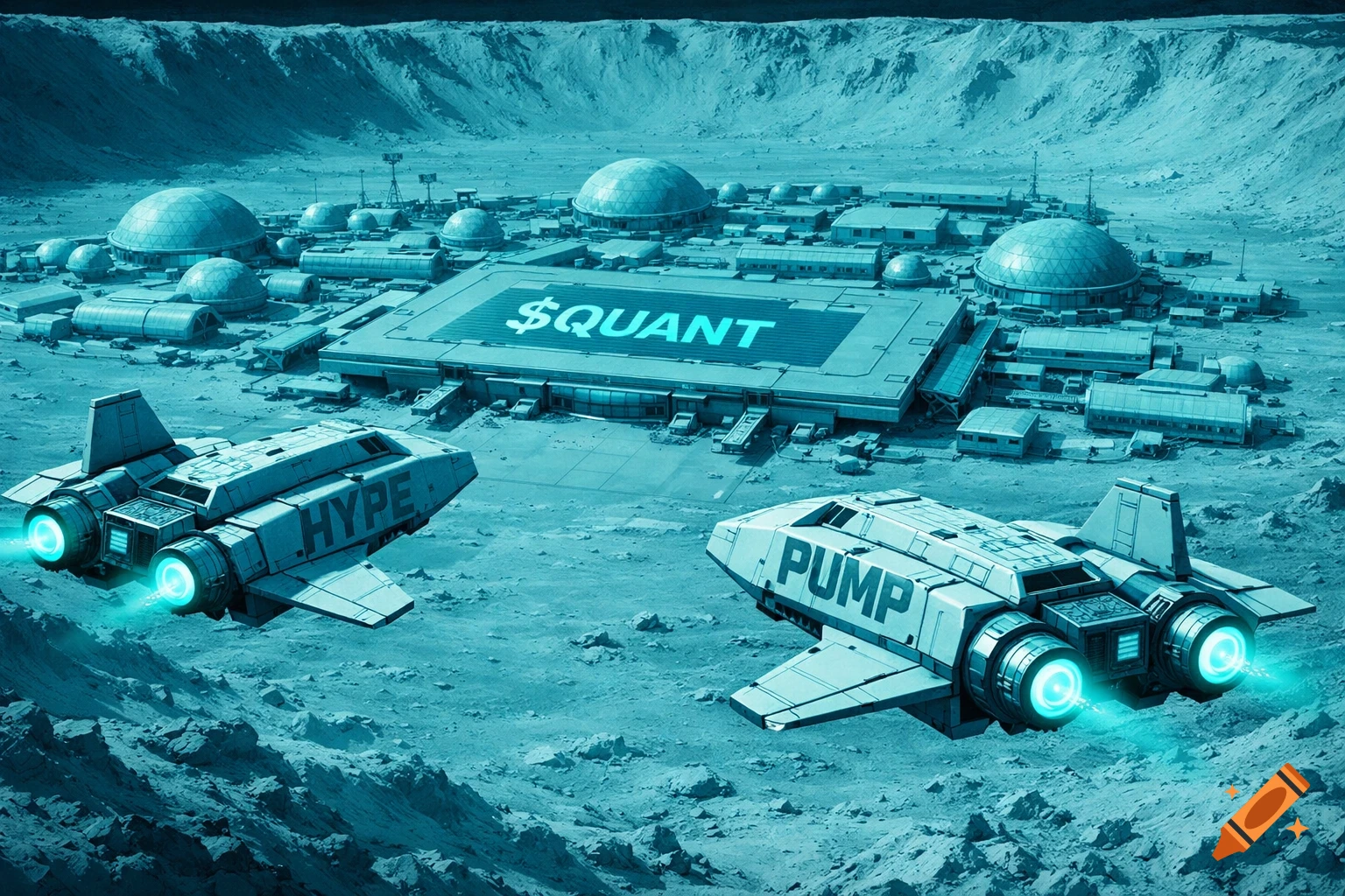 Two retro sci-fi spaceships, labeled 'HYPE' and 'PUMP', approach a futuristic turquoise moon base with '$QUANT' on its main building.
