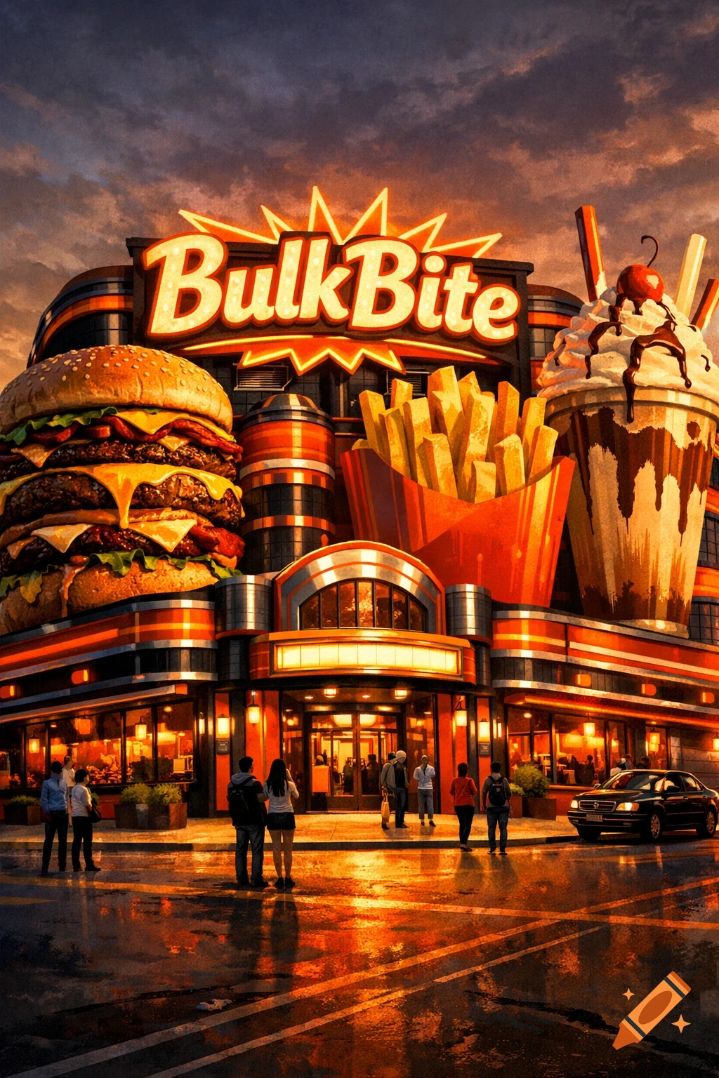 A vibrant retro-modern fast food restaurant, 'BulkBite', with giant burger, fries, and milkshake on its facade, stands under a dramatic sky with people on the wet street.
