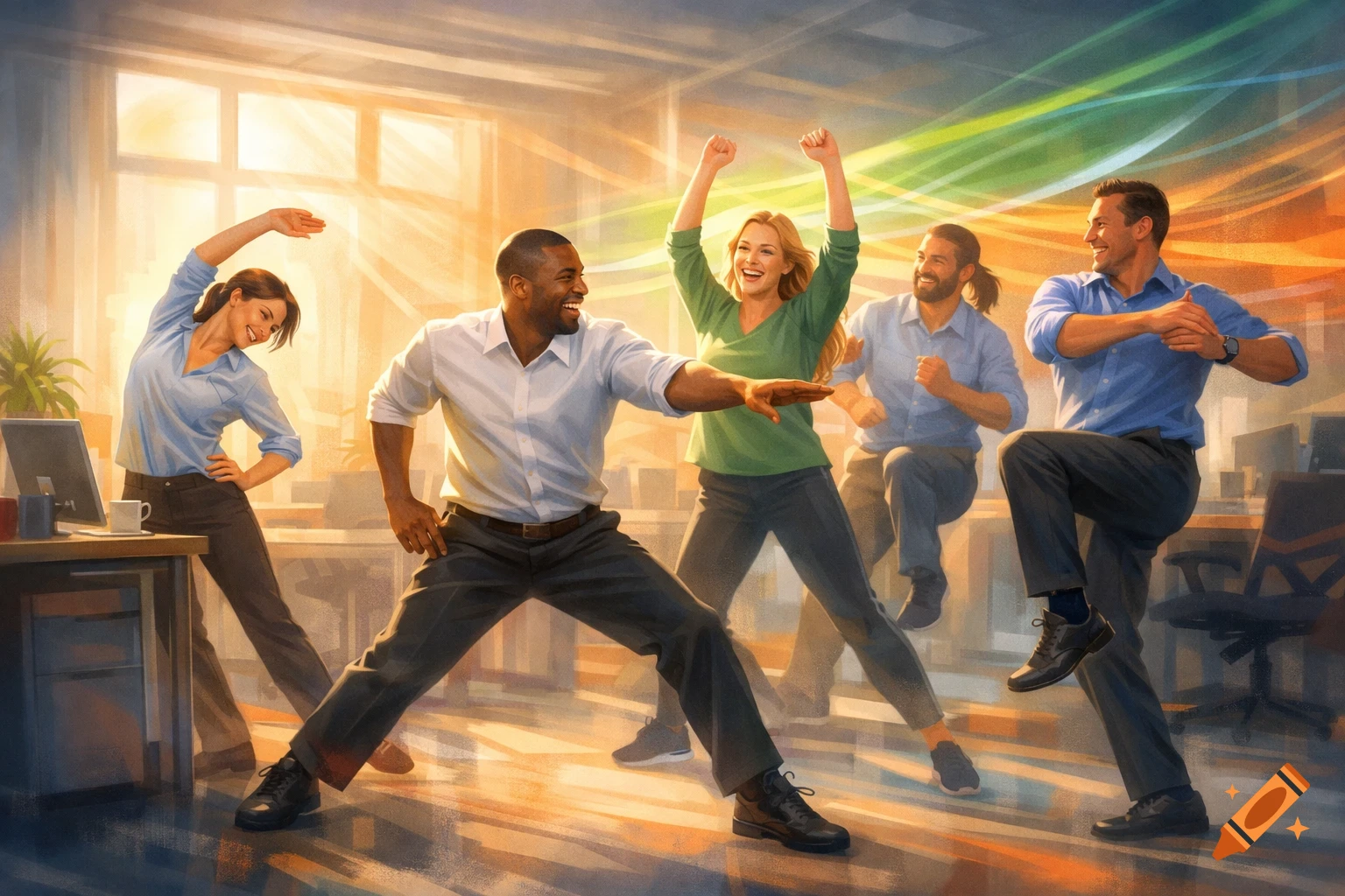 Diverse office workers energetically exercising and stretching in a bright, modern office with colorful light trails.