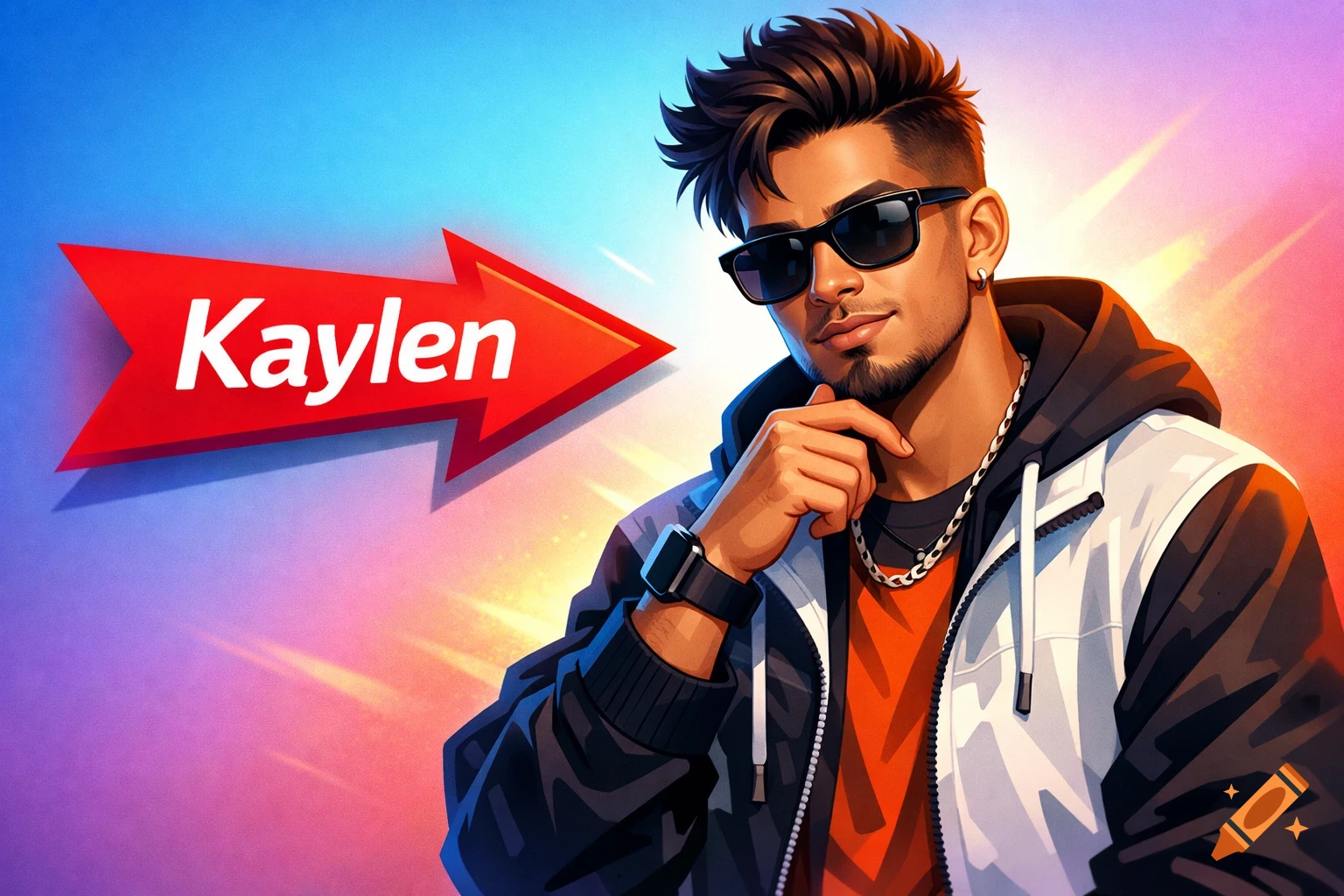 A stylish digital illustration of a confident man in sunglasses and streetwear, with a red arrow featuring the name 'Kaylen' pointing at him.