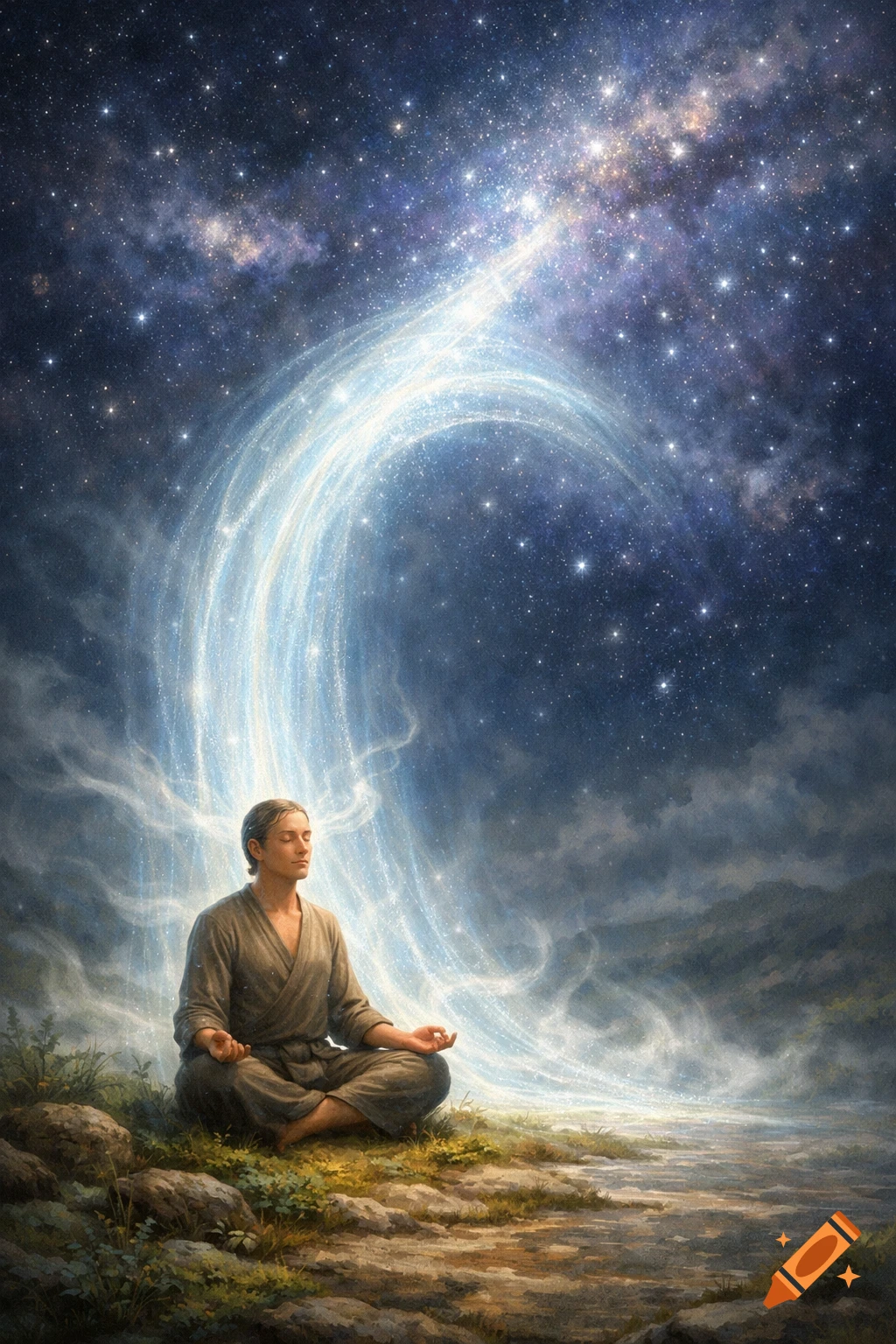 A person meditates in a cross-legged pose amidst glowing light, a starry cosmic sky, and lush ground.