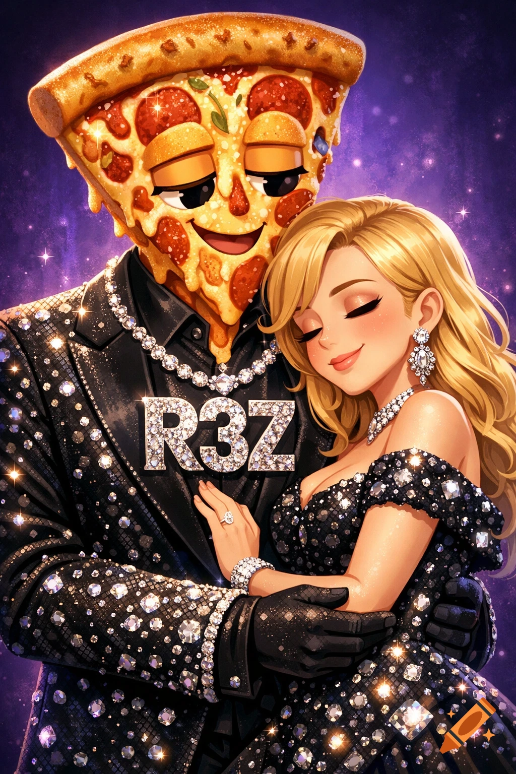 Animated pizza-headed man in a diamond suit embracing a blonde woman in a matching sparkly dress, against a starry purple background.