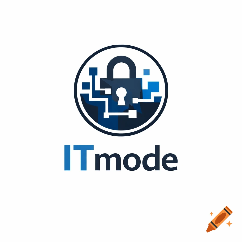 Flat vector logo featuring a dark blue padlock within a circuit board pattern inside a circle, with 'ITmode' text below.