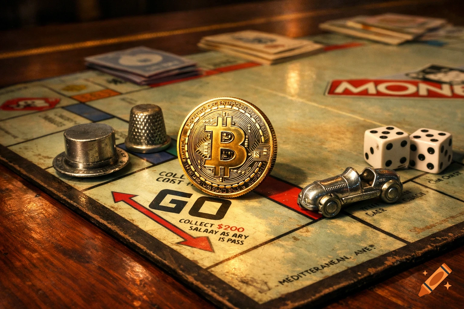 A close-up, photorealistic image of a Monopoly board with classic game pieces, dice, and a golden Bitcoin token on the "GO" square.