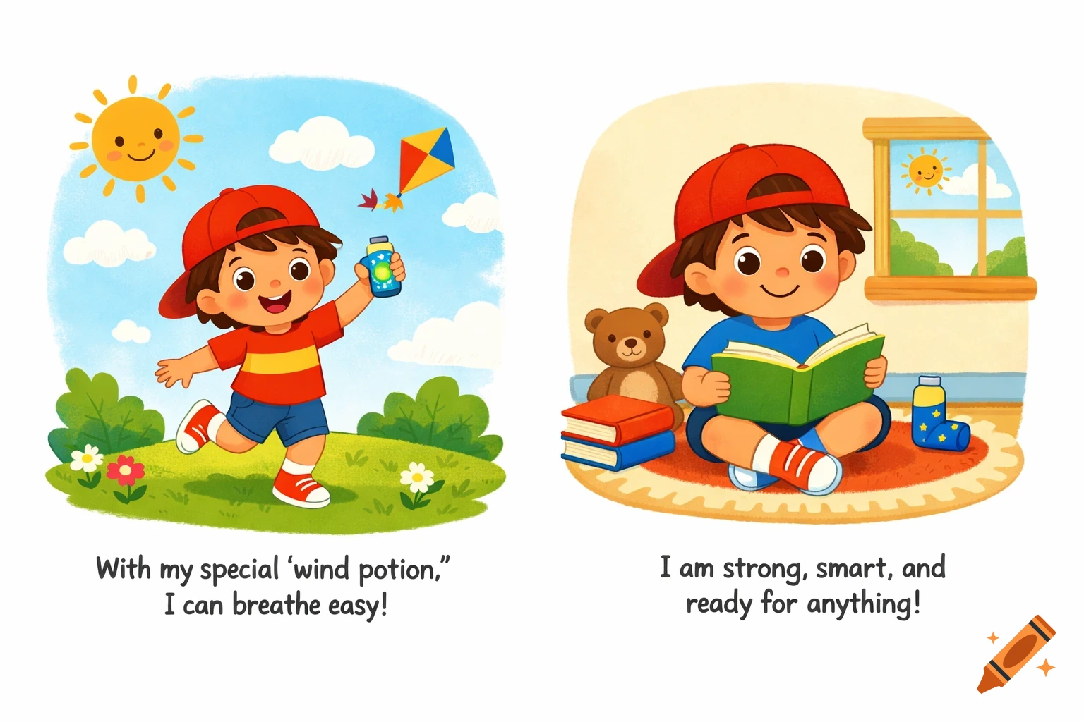 A cartoon illustration in two panels. The left shows a happy boy in a red cap running outdoors with a kite and a 'wind potion.' The right shows the boy sitting indoors, reading a book next to a teddy bear.