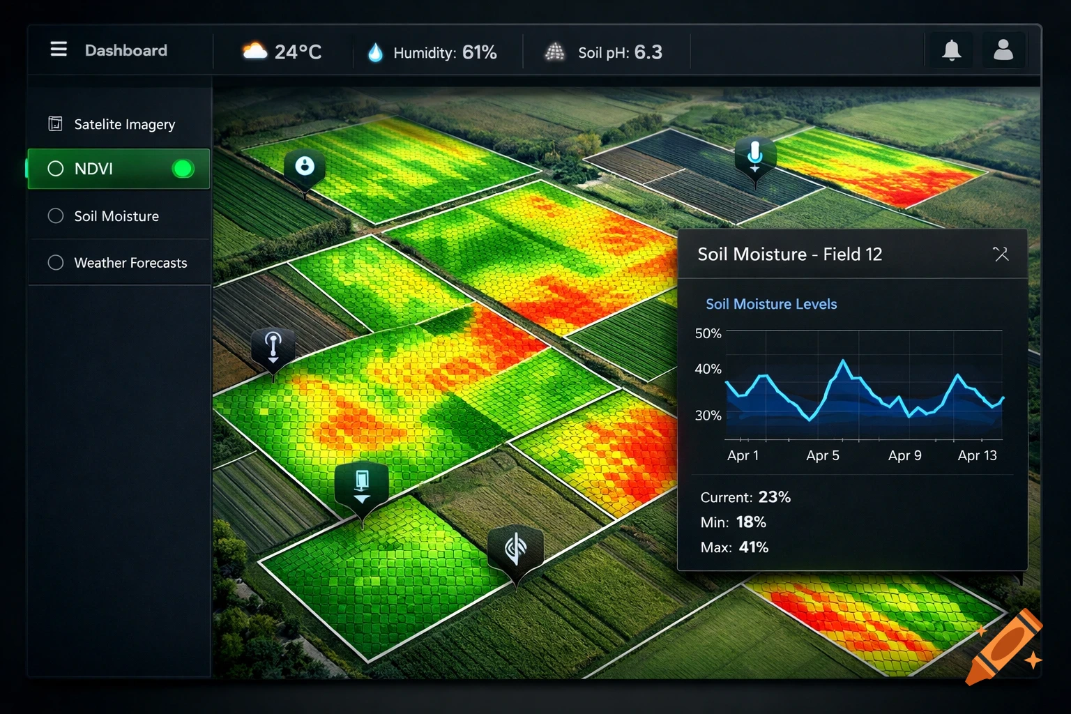 A modern dark-themed agricultural tech dashboard UI displays a digital map of farmland with green and red heatmap overlays for crop health and soil moisture data.