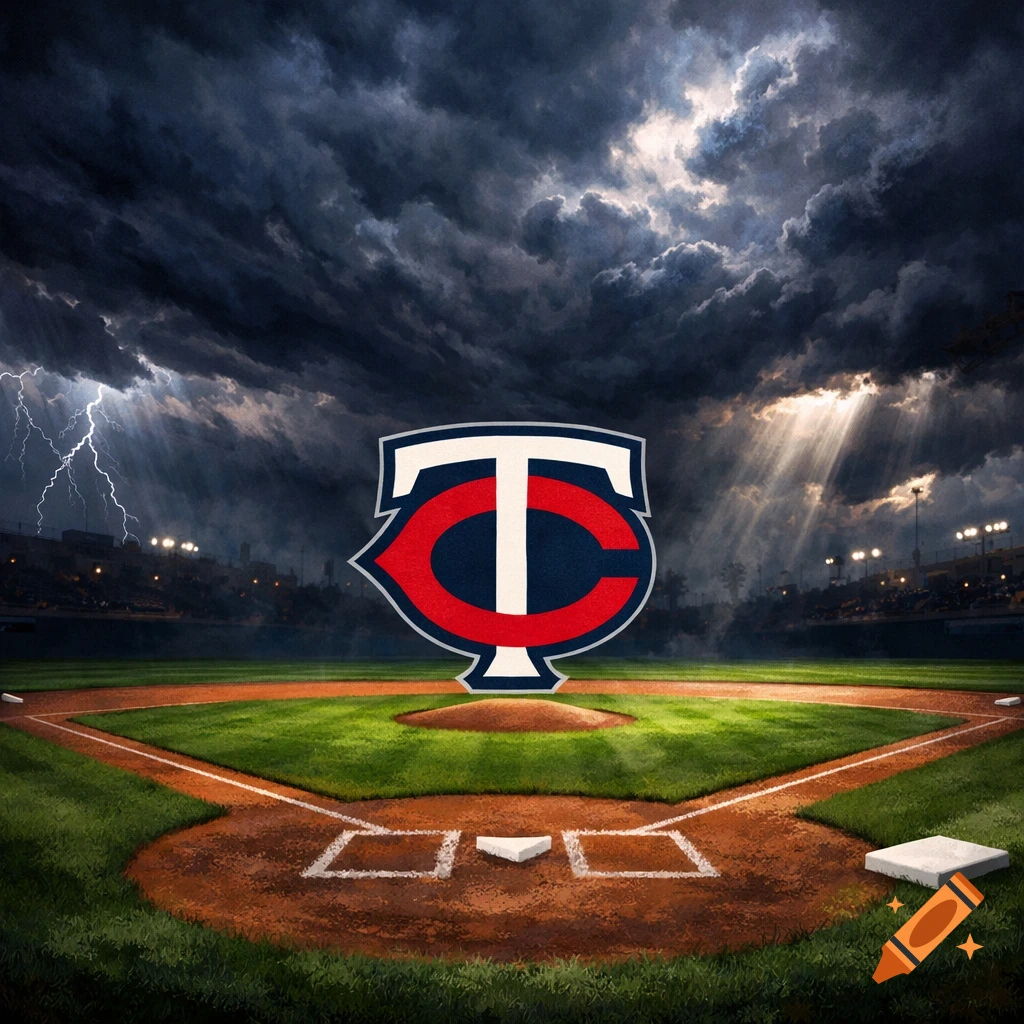 Photorealistic baseball field with a red, white, and blue 'TC' team logo under a dramatic stormy sky with lightning and sun rays.