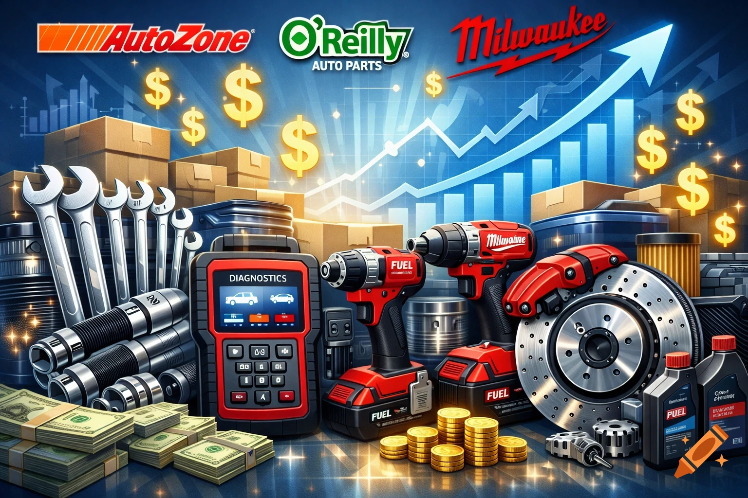A vibrant image featuring a collection of automotive tools, parts, and money, with logos for AutoZone, O'Reilly Auto Parts, and Milwaukee, set against a background of a rising financial graph and dollar signs.