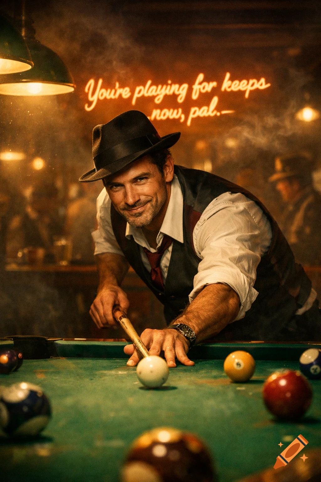 Smiling man in a fedora playing pool in a dimly lit bar, a neon sign above reads 'You're playing for keeps now, pal.'