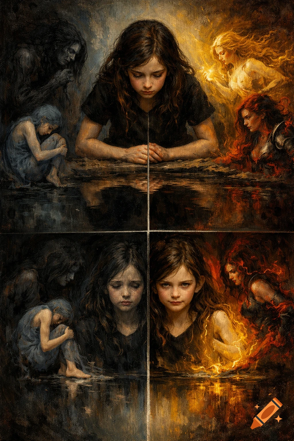 A dark painterly image of a young girl reflecting over water, surrounded by ethereal figures representing anxiety, sadness, euphoria, and anger.