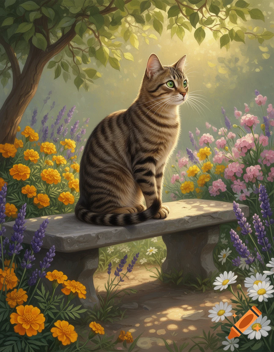 A photorealistic tabby cat with green eyes sits on a stone bench in a vibrant, sunlit garden surrounded by various colorful flowers.