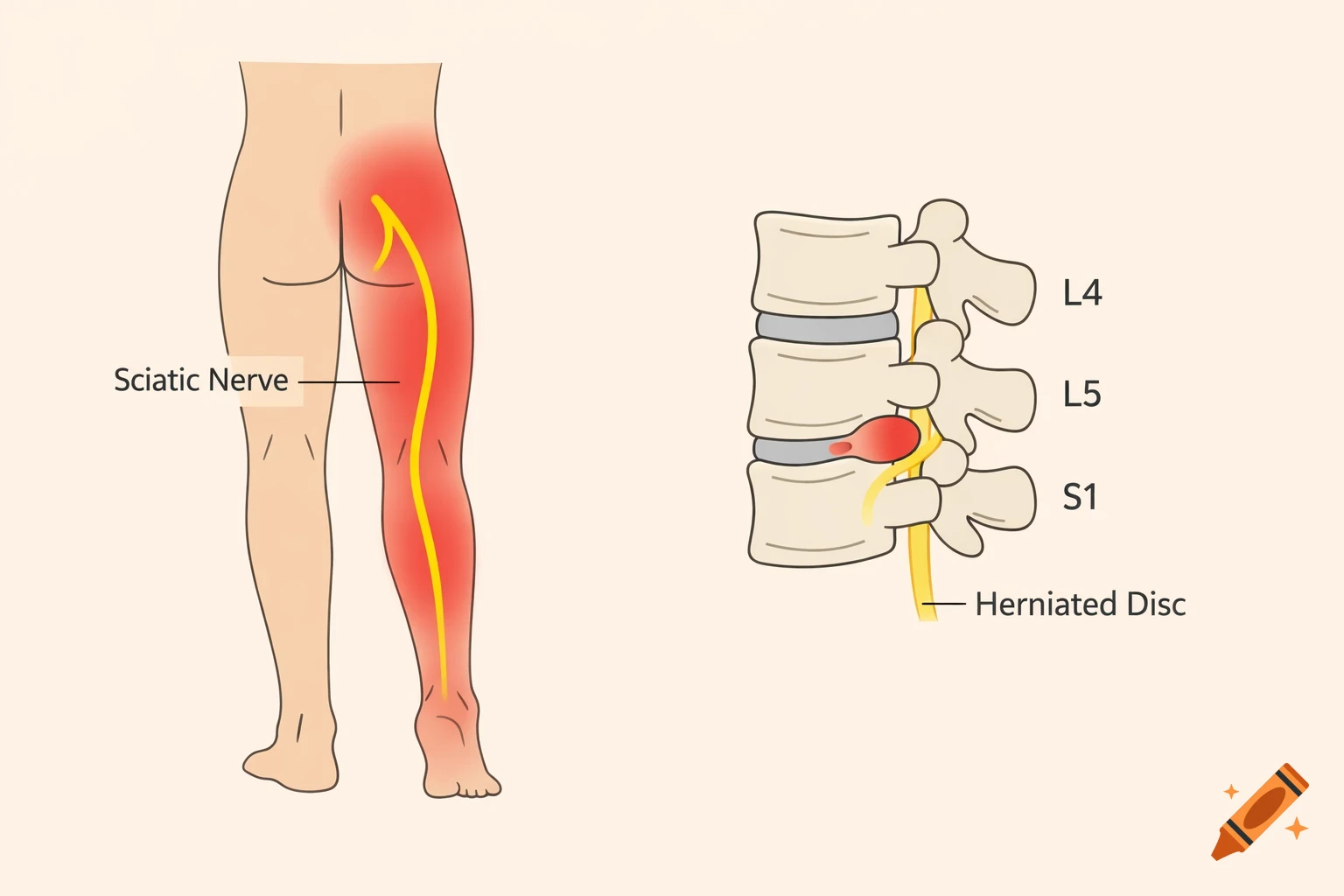 Minimalist medical illustration showing sciatic nerve pain from the lower back to the foot, and a herniated disc compressing a nerve root in the lumbar spine.