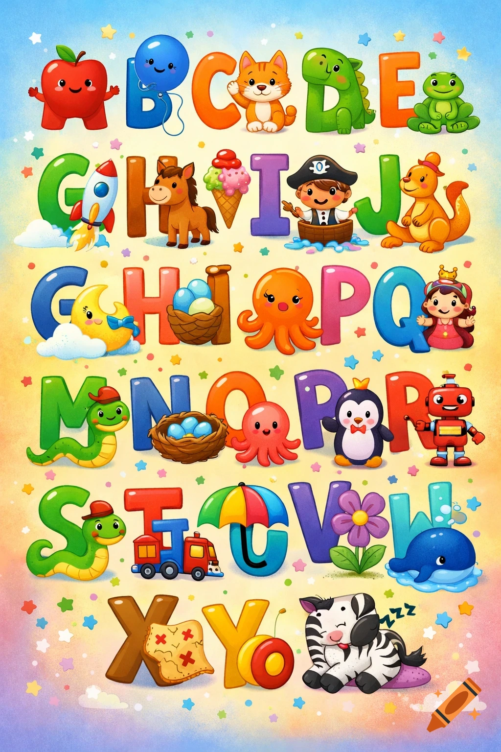 A vibrant, playful alphabet chart with each letter depicted by a cartoon character or object, such as an apple for A and a balloon for B.