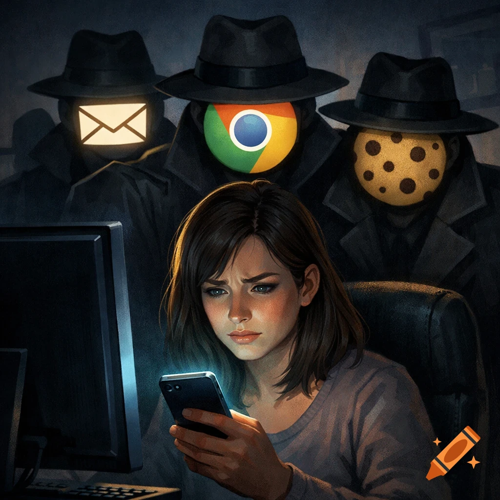 Distressed woman using a phone and computer, shadowed by figures with email, browser, and cookie faces, symbolizing online surveillance.