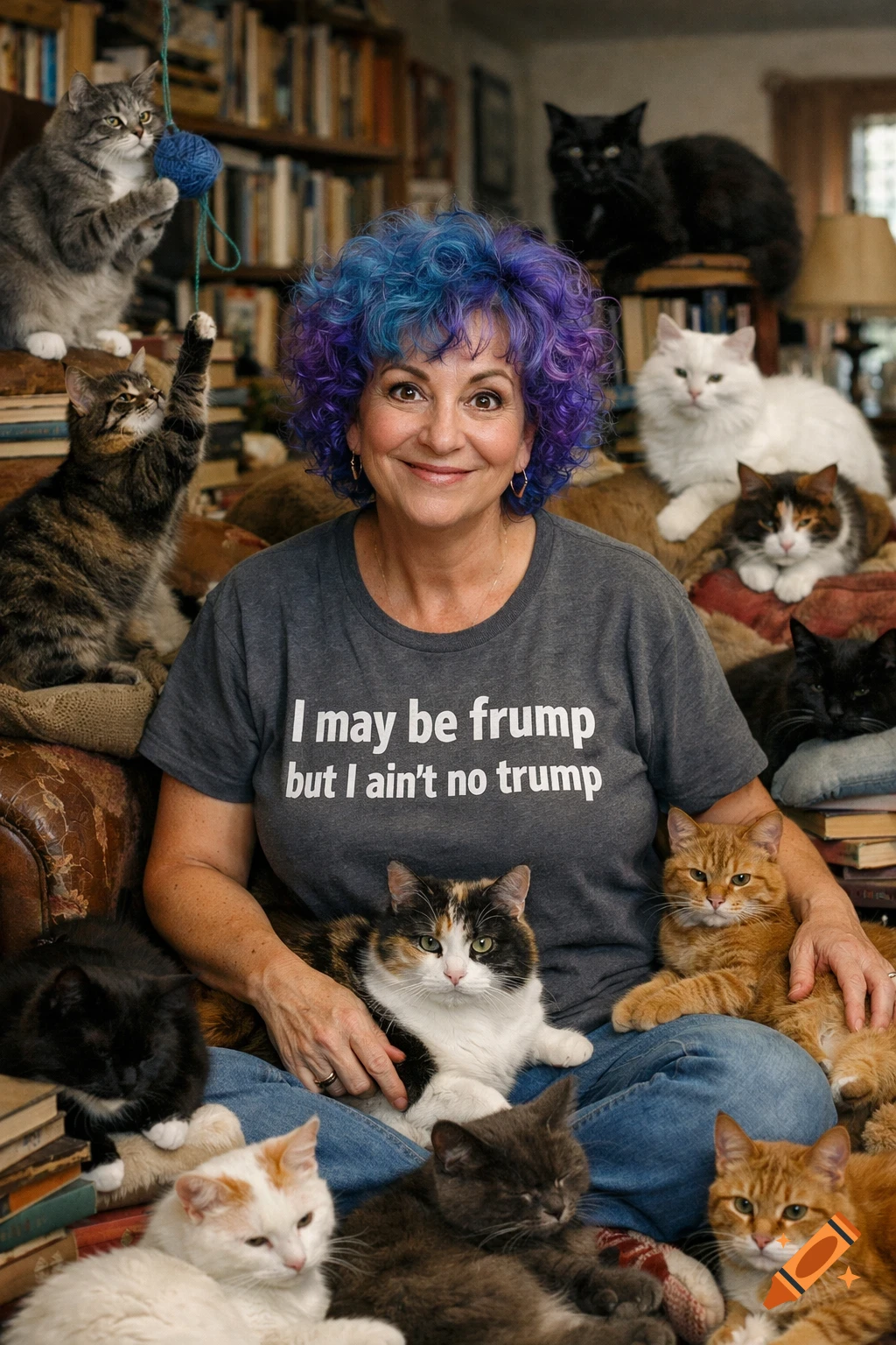 A smiling woman with blue and purple curly hair sits surrounded by many cats in a cozy, book-filled room. She wears a t-shirt that reads, "I may be frump but I ain't no trump."