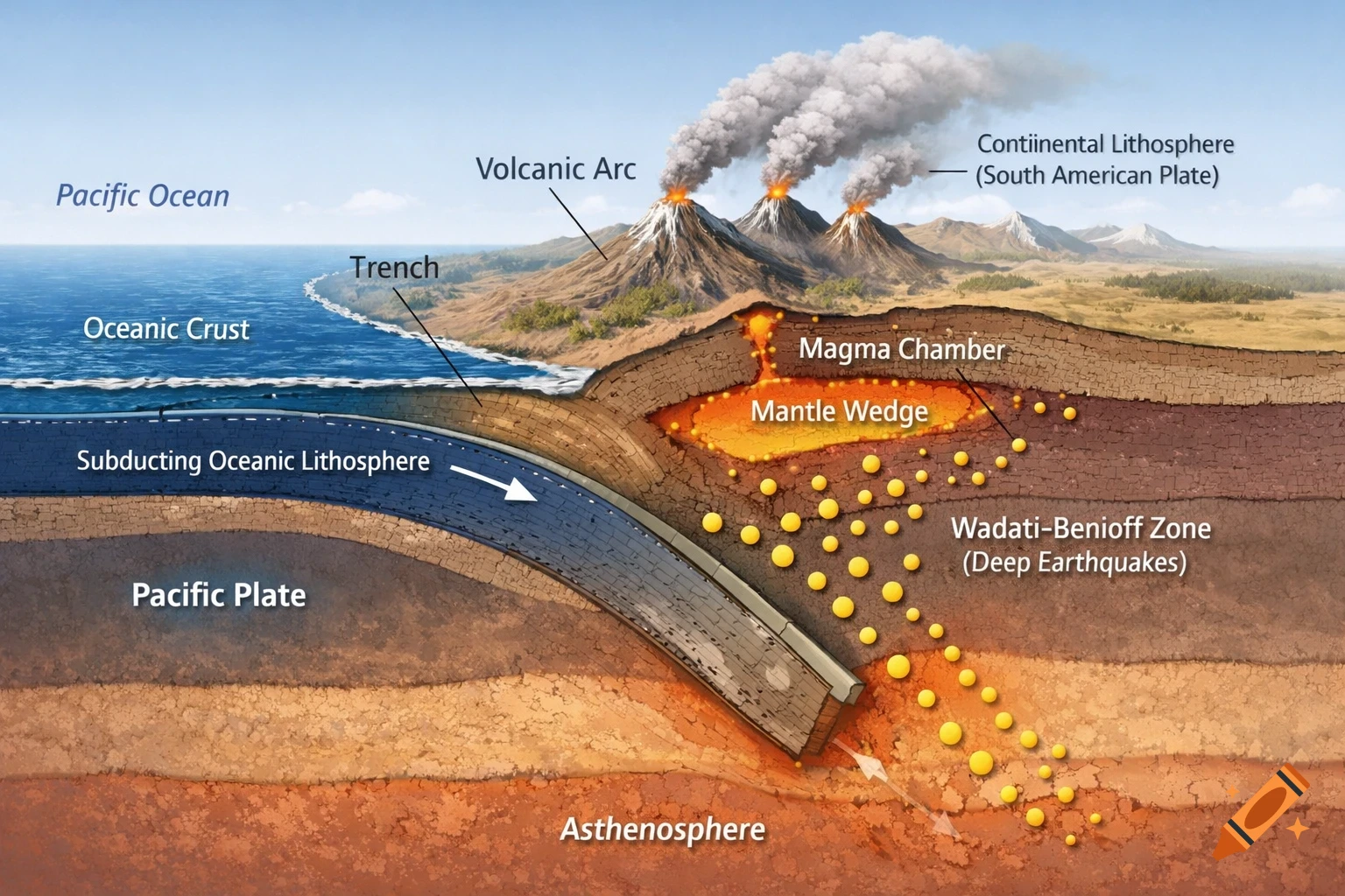 Detailed diagram of an ocean-continent subduction zone with a volcanic arc, trench, and labeled geological features.