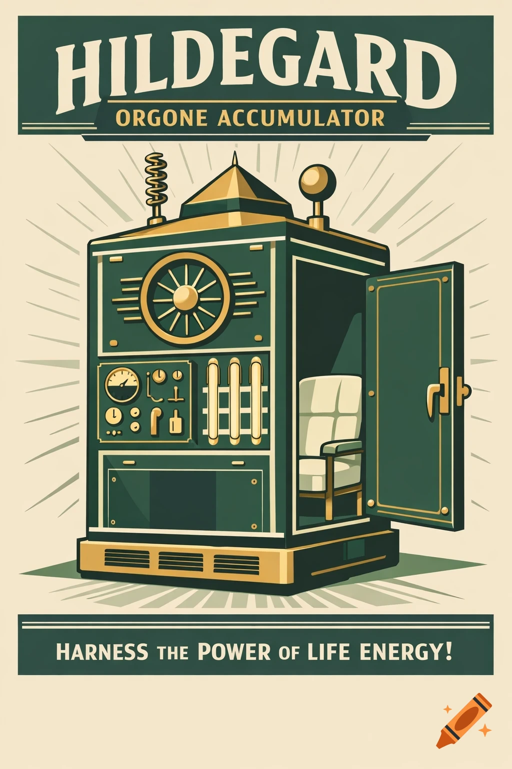 Vintage advertisement for a green and gold 'Hildegard Orgone Accumulator' machine with an open door showing an armchair, featuring text about life energy.