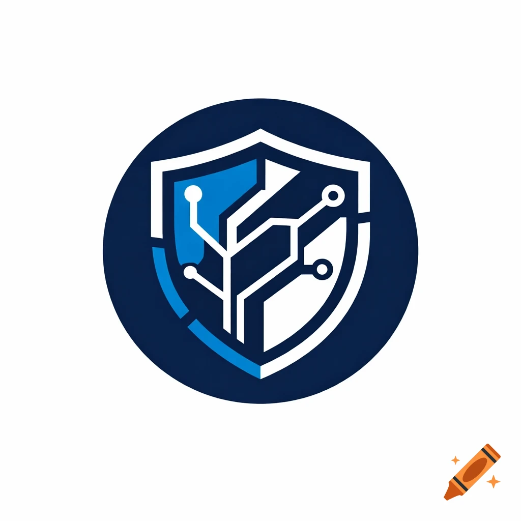 A circular logo featuring a shield with abstract digital lines in blue, navy, and white, representing technology and cybersecurity.