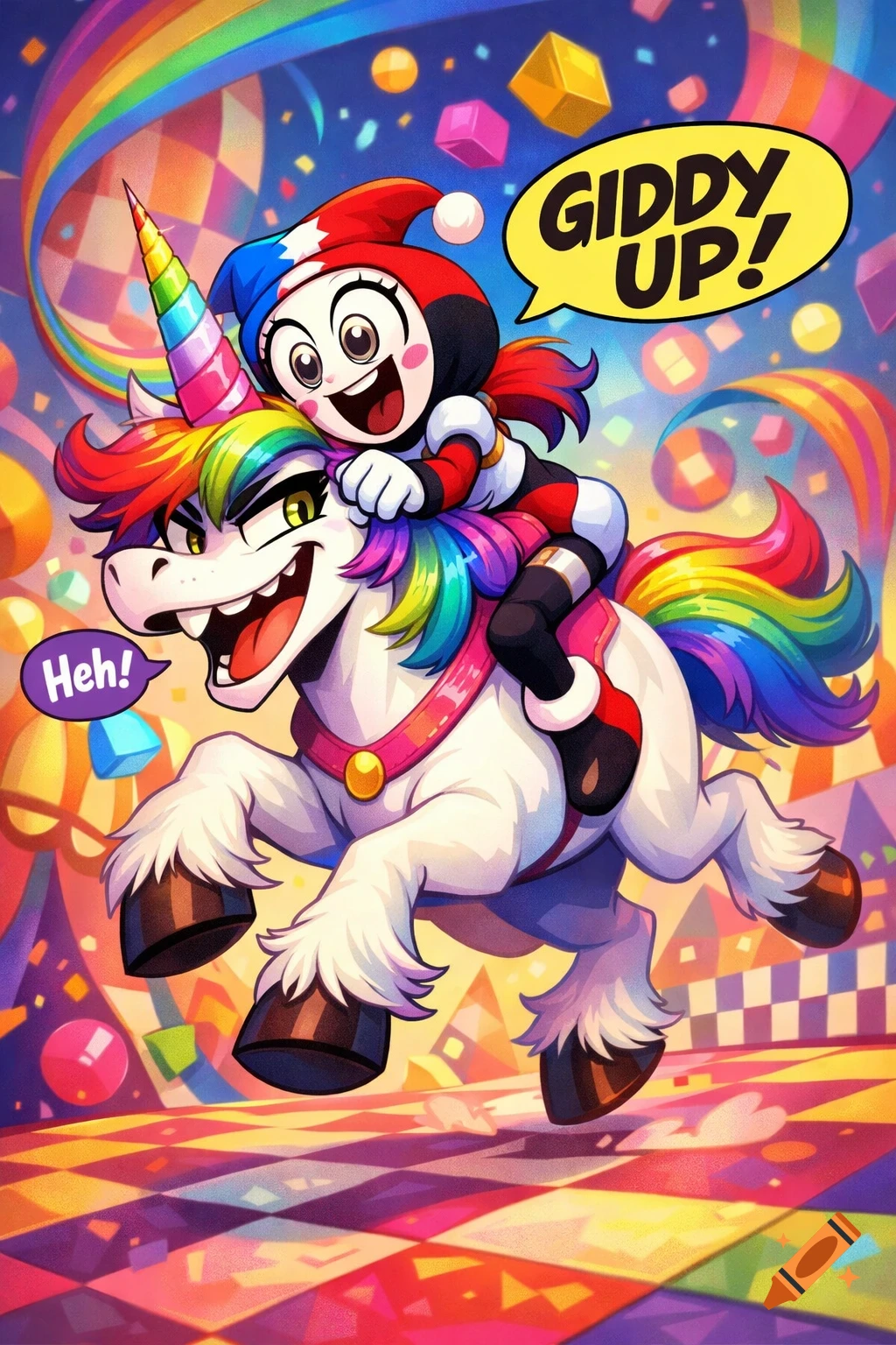 A vibrant cartoon shows a smiling character resembling Pomni riding a rainbow-maned unicorn, with a speech bubble saying "GIDDY UP!".