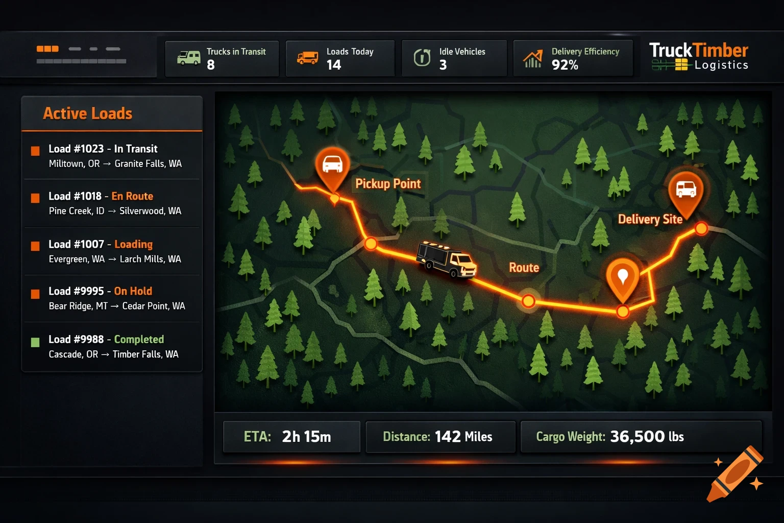 A professional dark mode logistics dashboard with a map displaying a truck route, pickup/delivery points, and a list of active loads. Details like ETA, distance, and cargo weight are visible.
