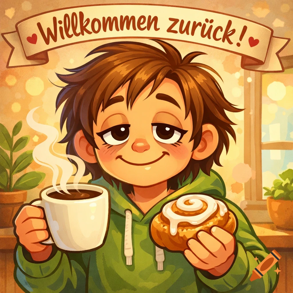 A warm cartoon of a sleepy-eyed person in a green hoodie, holding coffee and a cinnamon roll. A banner above reads 'Willkommen zur Pck!'.