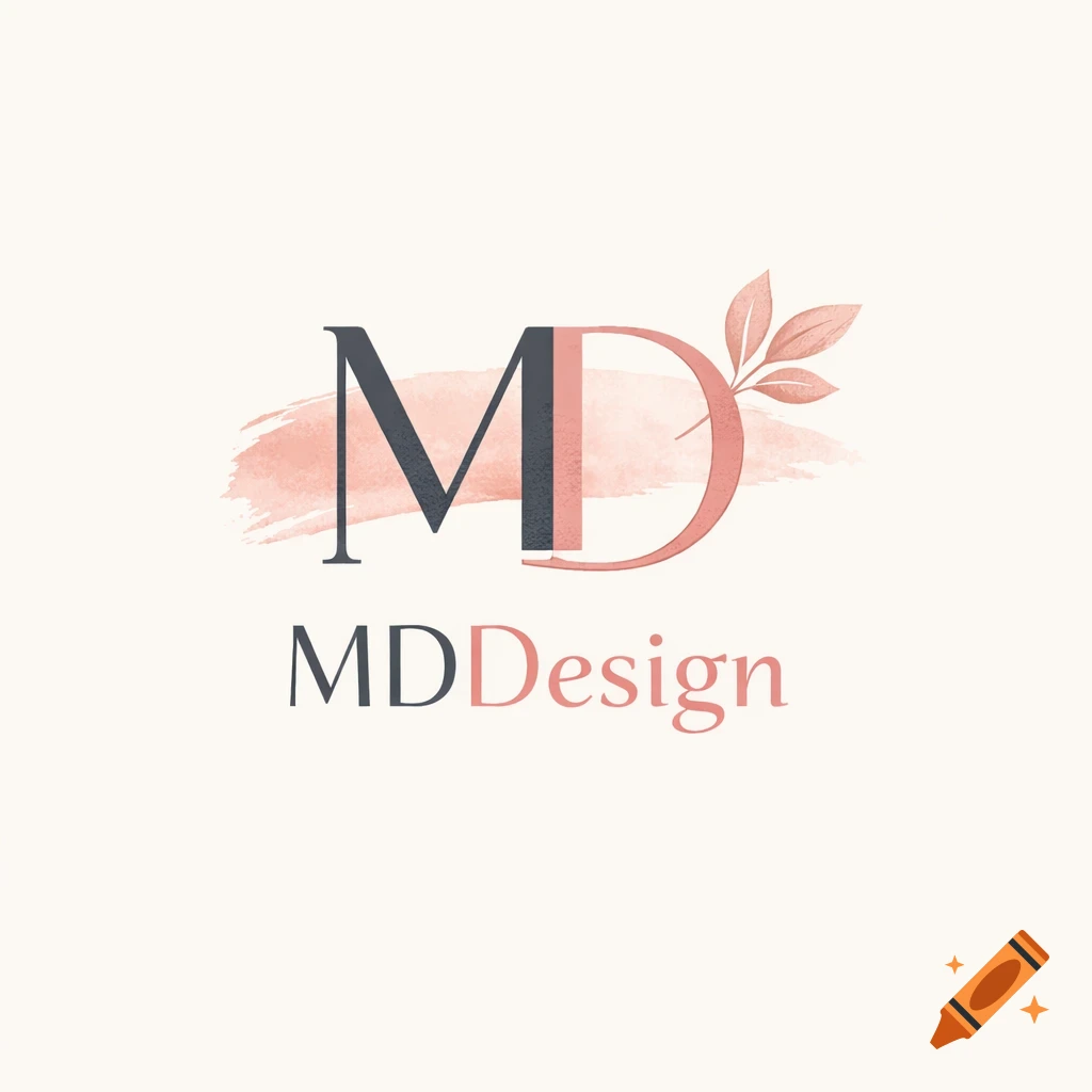 MD Design logo with dark grey and peach letters, a peach brushstroke, and leaves on a cream background.