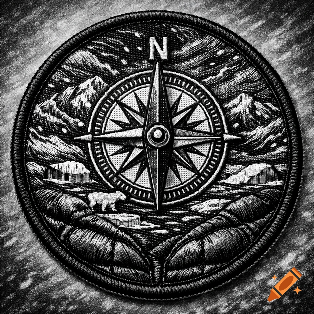 A black and white embroidered patch featuring a compass rose, mountains, icebergs, and a polar bear in an arctic landscape.