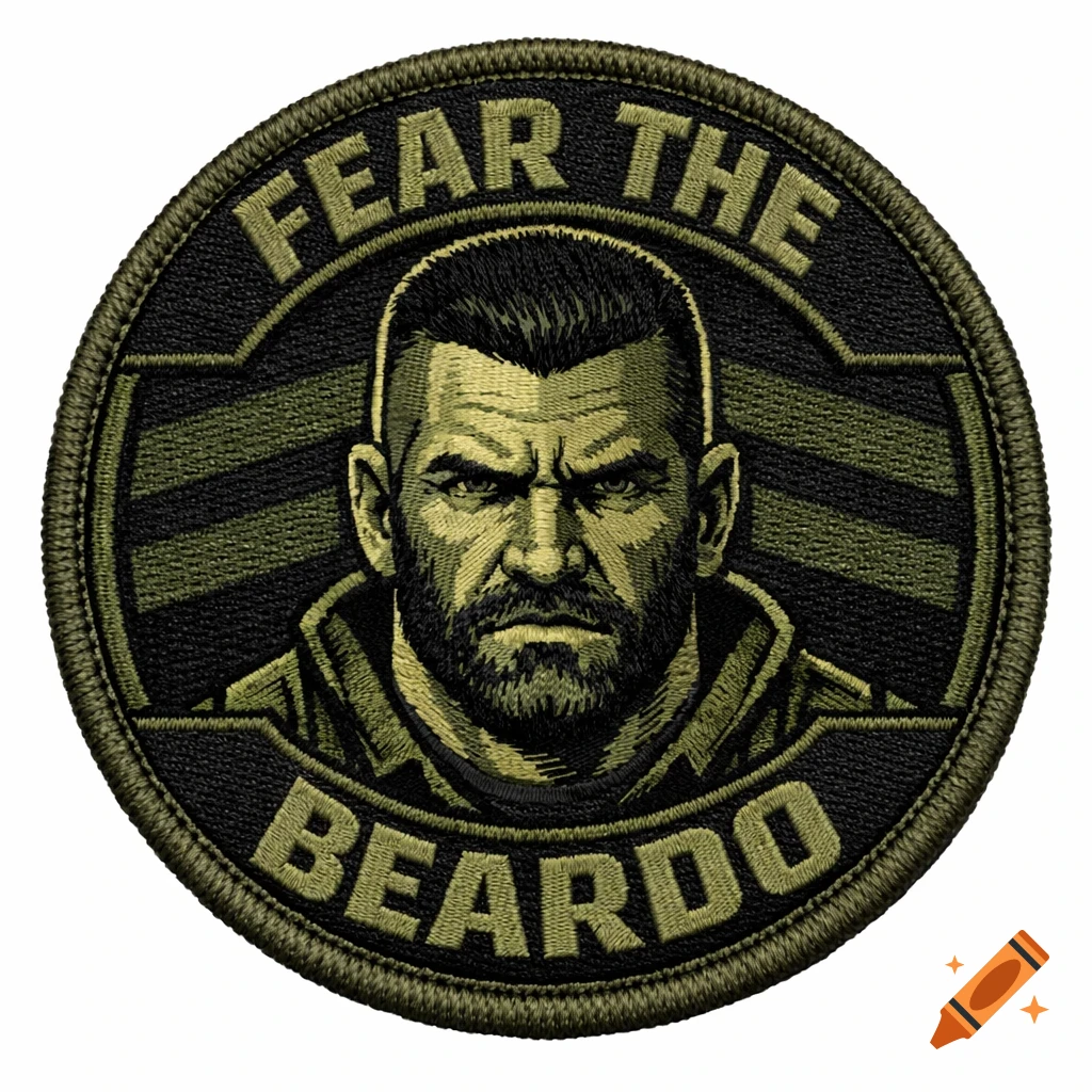 An embroidered military patch featuring a stern bearded man, with text 'FEAR THE BEARDO'.