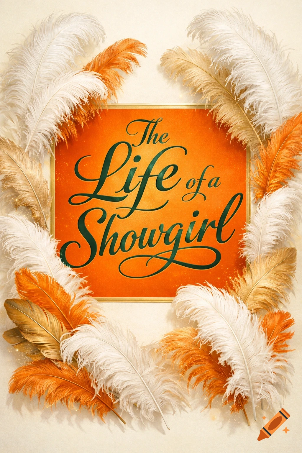 A glamorous orange poster with green text "The Life of a Showgirl" framed by white, orange, and gold feathers.