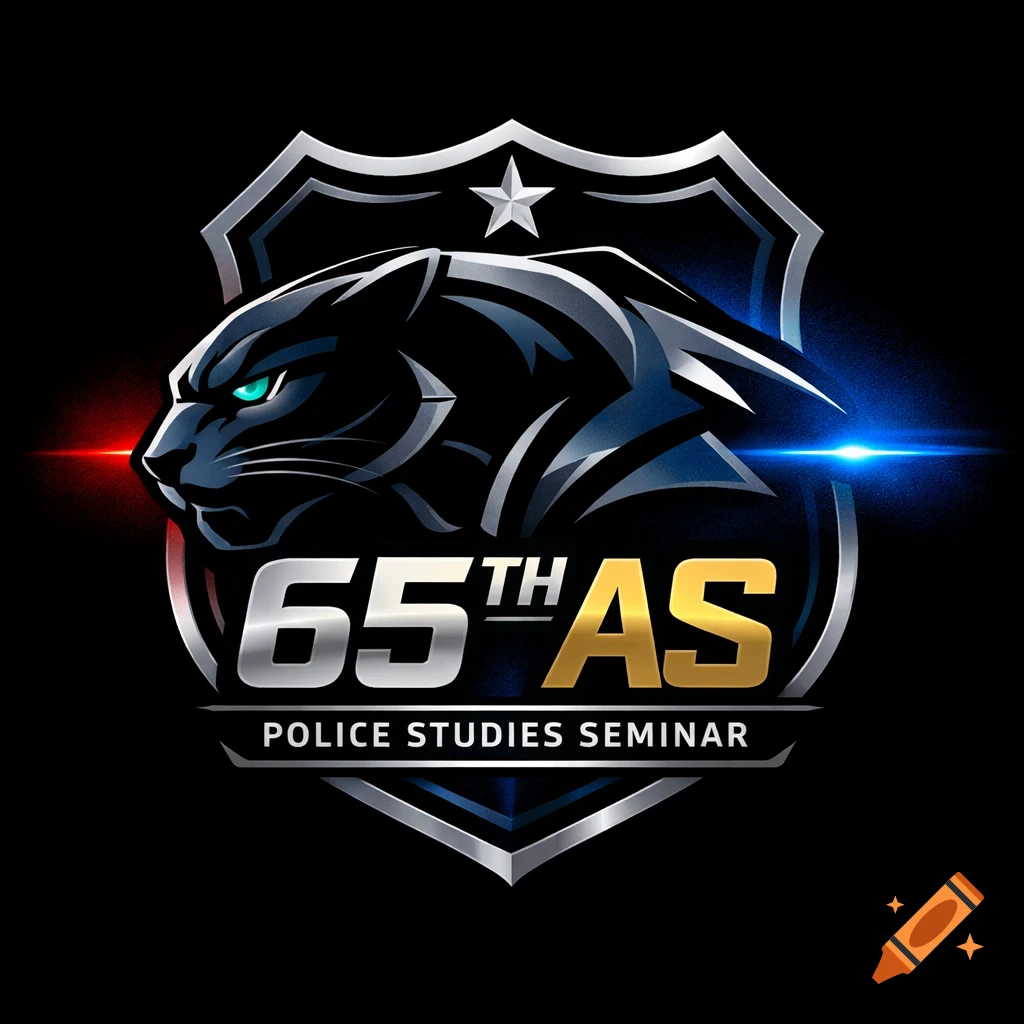 A stylized silver and gold logo featuring a black panther head in profile with glowing blue eyes, set against a dark shield with a white star. The text "65TH AS" is prominent below the panther, with "POLICE STUDIES SEMINAR" beneath it.