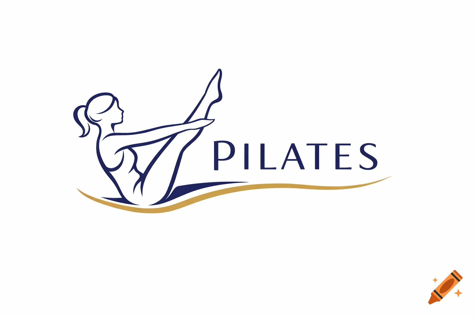 Blue and gold logo featuring a stylized woman in a pilates pose, with the word "PILATES" beside her.