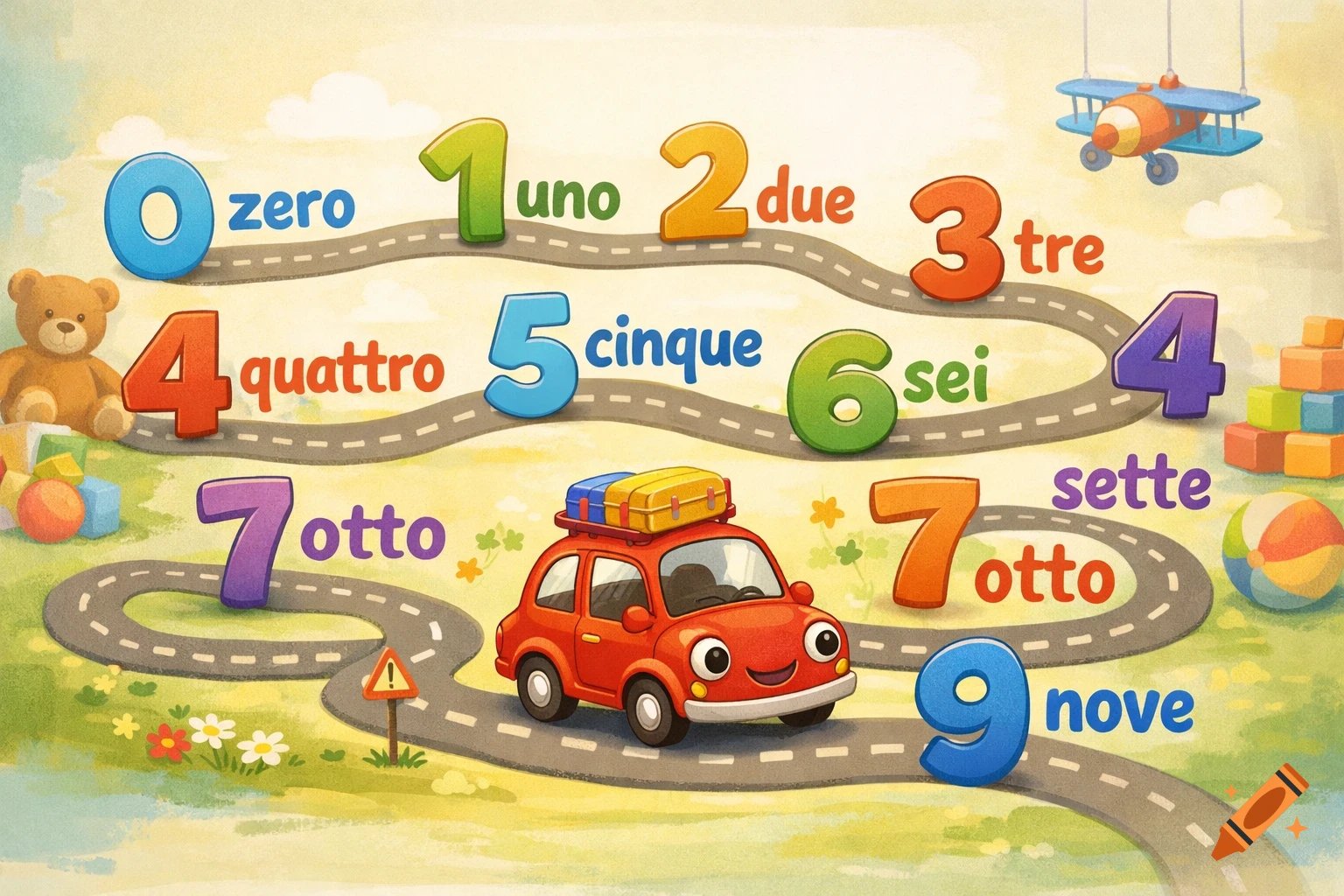 Colorful, cartoonish educational illustration teaching Italian numbers 0-9, featuring a red car on a road, a teddy bear, and toys.