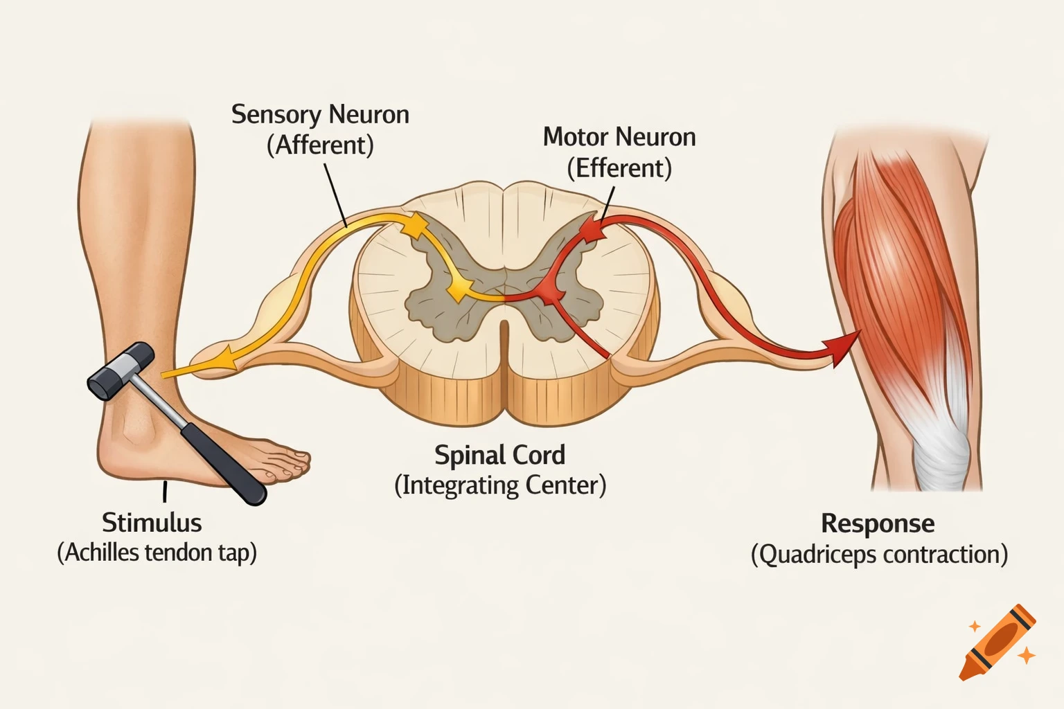 Diagram of the Achilles tendon reflex arc, showing the stimulus, sensory neuron, spinal cord, motor neuron, and quadriceps contraction response.
