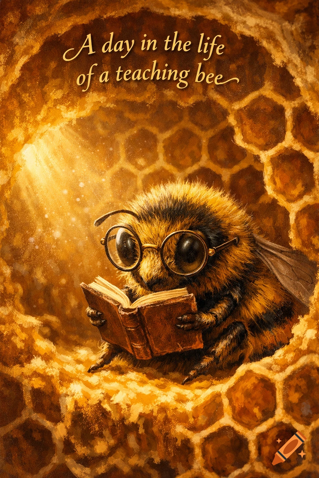 A furry, anthropomorphic bee wearing round glasses reads a book inside a glowing honeycomb, with text above.